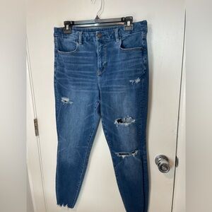 AMERICAN EAGLE Womens Medium Wash Raw Hem Distressed Hi Rise Jegging jeans sz 14